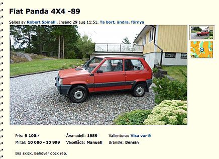 Bra skick. Behöver dock rep. Så beskrivs världens minsta och smidigaste suv, Fiat Panda 4x4. Pris 9 100 kronor.