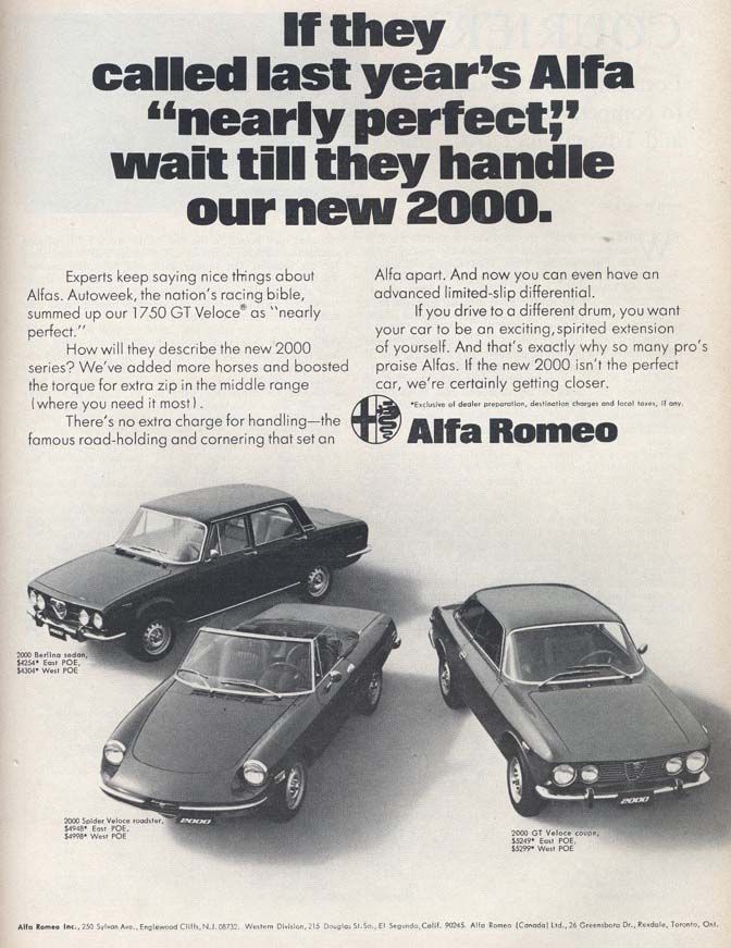 Alfas modeller i USA 1972, hyfsat yra bilar av priserna att döma, 4300 dollar för en sedan, en Chevelle med V8 i mellanklassen kostade 2900 och uppåt.