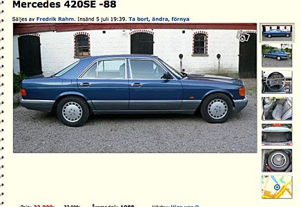22 000 kronor säkrar en Mercedes 420 SE 1988 i vad som verkar vara mycket fint oförstört originalskick. Andas fortfarande pondus och pengar. Nypris 449 000 kronor!