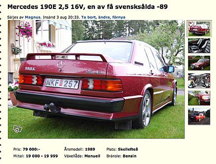 Mycket ovanlig Mercedes 190 E med 2,5-litersversionen av Cosworthmotorn. Pris 79 000 kronor.