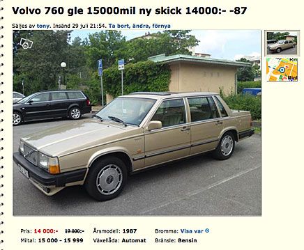 Höjden av respekt 1987 - idag riktigt ovanliga i bra originalskick. Här är en 760 GLE från sista året med den riktigt kantiga karossen för blott 14 000 kronor.