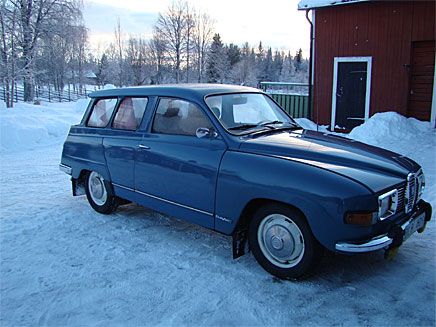 Vår Saab 95, 1972 i vinterskrud, norra Dalarna. Är i trafik./Per Edman, Strängnäs.