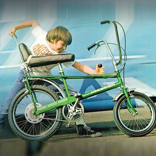 och den stilbildade Chopper från Raleigh var många pojkars högsta dröm vid den här tiden, aphängarstyre och växelspak på riktigt choppervis.