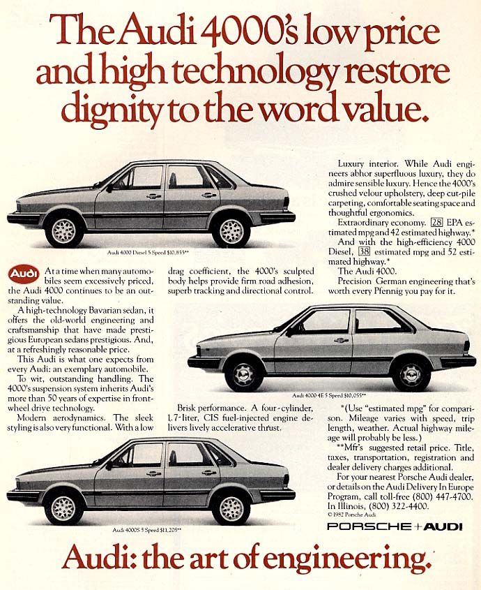 Audi 4000 1982, med prislapp på runt 11000 dollar, hamnade den i samma prisklass som lyxiga Buick Electra park Avenue, och lite under Cadillac De Ville. Importbilar var på grund av tullskatter och annat ganska dyra i USA.