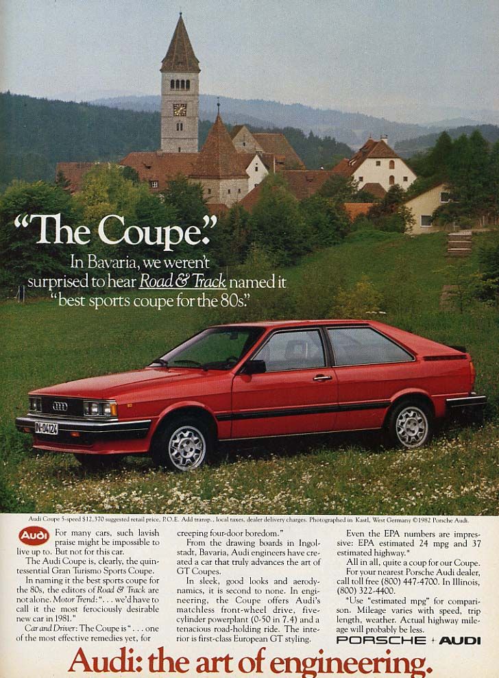 Audi GT coupe 1982 med USA-specifikation , mera krom och större kofångare och en prislapp på runt 12000 dollar.