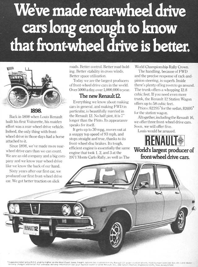 Renault 12 1972 med kromade bågar och väl tilltagna gummibuffar för de nya lagkraven för 70-talet.