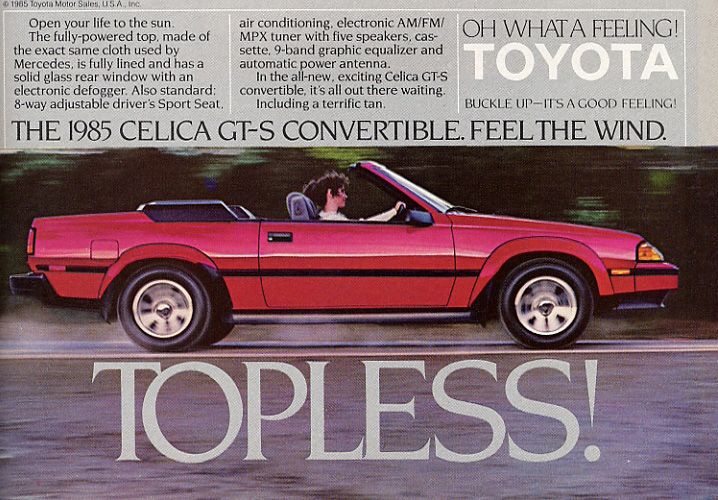 Så här tuff var Topless Toyotan i annonsen 1985.