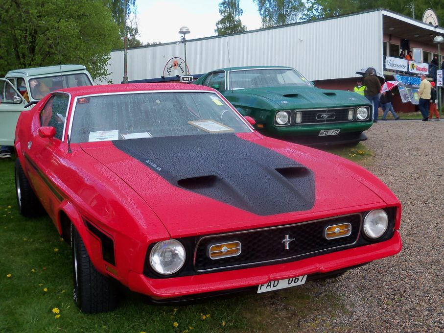 Två 70-talsmustanger i en av dagens många regnskurar.