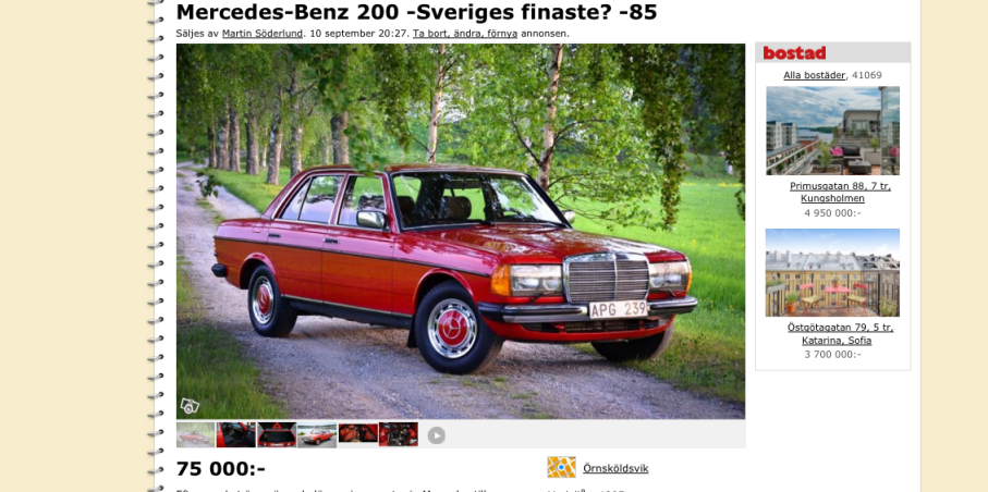 Sista chansen att köpa en ny Mercedes under 100 000 var devisen när 200 W123 såldes ut 1985. Men här är ju en så gott som ny för 75!