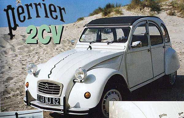 2CV Perrier var en annan obskyr variant, framtagen i samarbete med just dryckesföretaget. Perrieremblem på bland annat navkapslar och deras ''maskot'' apan Flou lite här och var. Och ett litet kylskåp med sex flaskor Perrier mineralvatten fanns på golvet fram. Dessa såldes bara i Belgien och Luxemburg.
