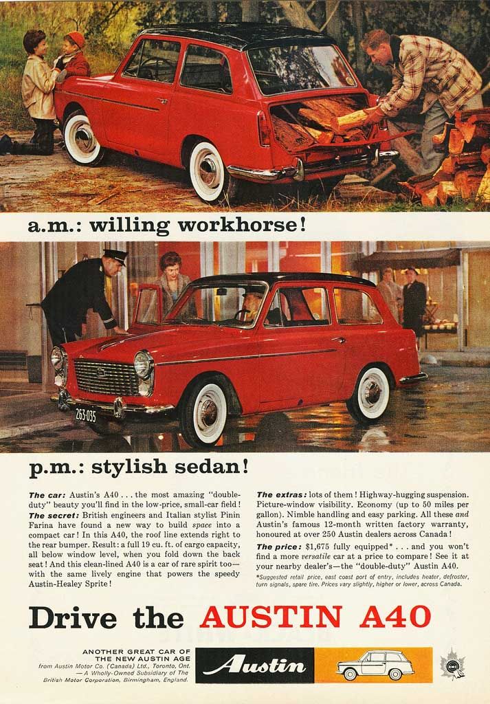 Och en kanadensisk annons för nya Austin A40, man påpekar att den har samma motor och drivlina som AUstin Healey Sprite